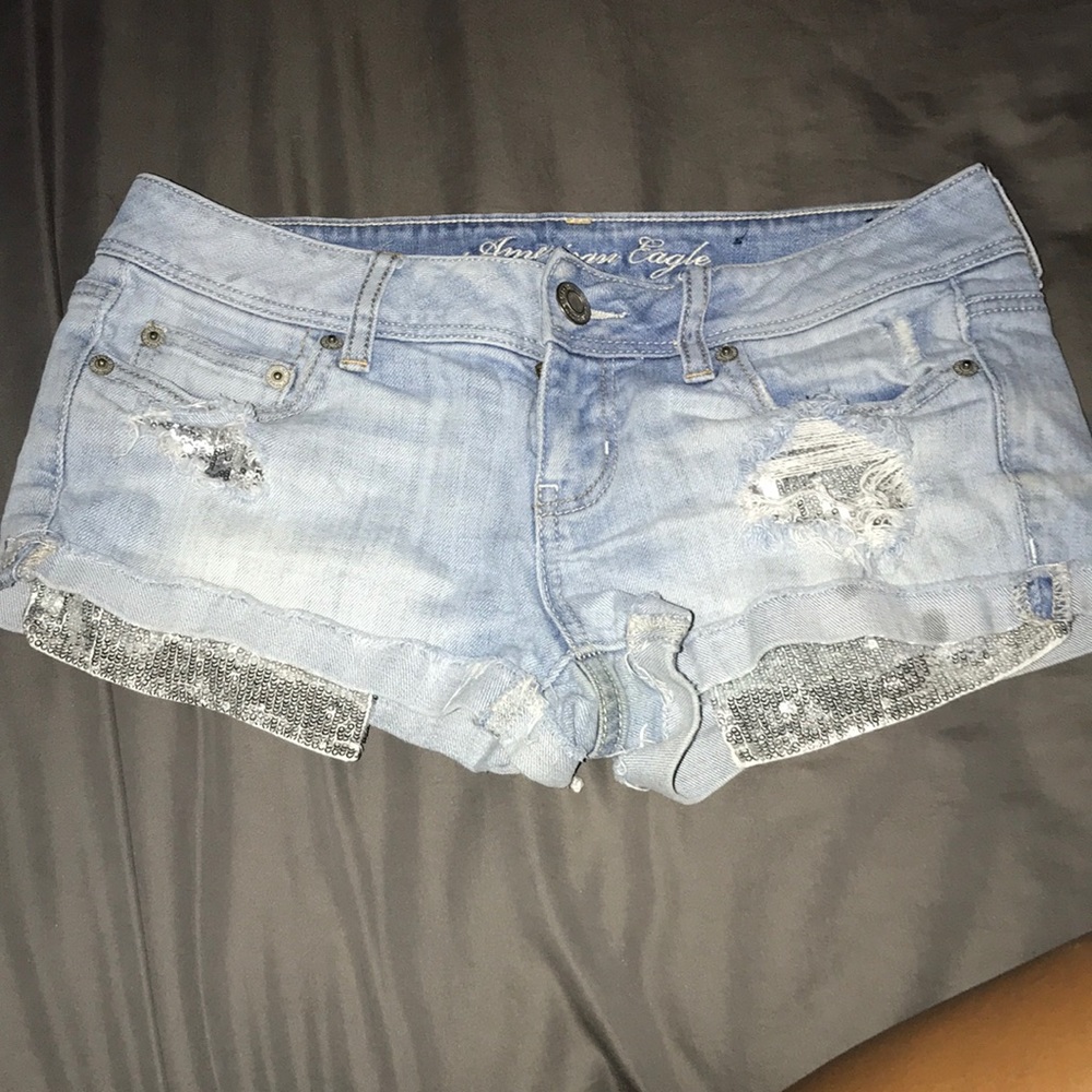 Blue jean shorts with shiny pockets!!